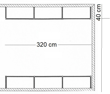 Ankleidezimmer Wandregalsystem Garderobensystem Ladeneinrichtung Grundriss Aufbau 320 cm Breit und 40 cm tief Etagen individuell einzustellen Wandbefestigung und Gummifüsse Stahlrohre verchromt Art Nr AnZi.3+3.0