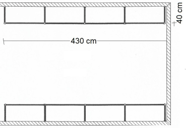 Ankleidezimmer Wandregalsystem Garderobensystem Ladeneinrichtung Grundriss Aufbau 430 cm Breit und 40 cm tief Etagen individuell einzustellen Wandbefestigung und Gummifüsse Stahlrohre verchromt Art Nr AnZi.4+4.0