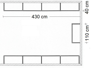 Ankleidezimmer Wandregalsystem Garderobensystem Ladeneinrichtung Grundriss Aufbau 430 cm und 110 cm Breit und 40 cm tief Etagen individuell einzustellen Wandbefestigung und Gummifüsse Stahlrohre verchromt Art Nr AnZi.4+4+1