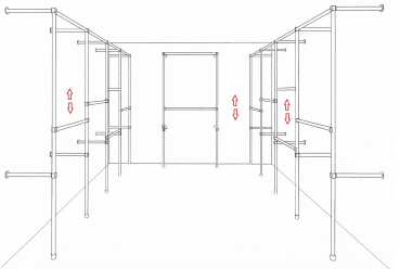 Ankleidezimmer Wandregalsystem Kleiderkammer begehbarer Schrank 2 mal 200x430 cm und 1 mal 200x110 cm 40 cm tief Etagen stufenlos verstellbar Wandbefestigung und Gummifüsse Stahlrohre verchromt Art Nr AnZi.4+4+1