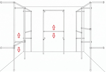 Ankleidezimmer Wandregalsystem Kleiderkammer begehbarer Schrank 2 mal 200x210 cm und 1 mal 200x110 cm 40 cm tief Etagen stufenlos verstellbar Wandbefestigung und Gummifüsse Stahlrohre verchromt Art Nr AnZi.2+2+1