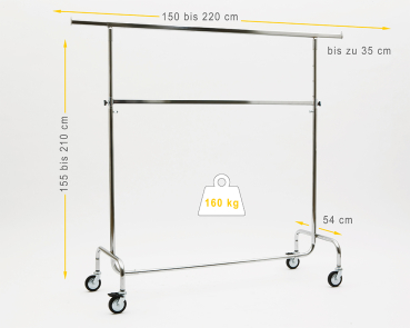 Kleiderständer höhenverstellbar 150cm Breit bis 220 cm hoch ausziehbar mit 4 grossen 80 mm Rollen extra stabile Ausführung 160 kg Chrome Art Nr 16-150-80-02