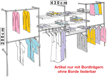 Wandregalsystem Garderobensystem Kleiderkammer Kleiderstangen mit Bordetagehalter 200x430 cm breit und 40 cm tief Etagen individuell einzustellen Wandbefestigung und Gummifüsse Stahlrohre verchromt Art Nr W17