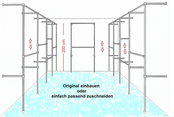Ankleidezimmer Ladeneinrichtung begehbarer Kleiderschrank 2 mal 200x430 cm und 1 mal 200x110 cm Skizze Beispiel auf Wunschmasse zu zuschneiden Art Nr AnZi.4+4+1