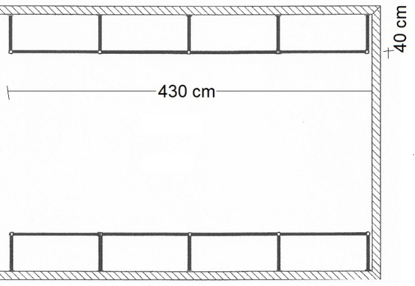Ankleidezimmer Wandregalsystem Garderobensystem Ladeneinrichtung Grundriss Aufbau 430 cm Breit und 40 cm tief Etagen individuell einzustellen Wandbefestigung und Gummifüsse Stahlrohre verchromt Art Nr AnZi.4+4.0