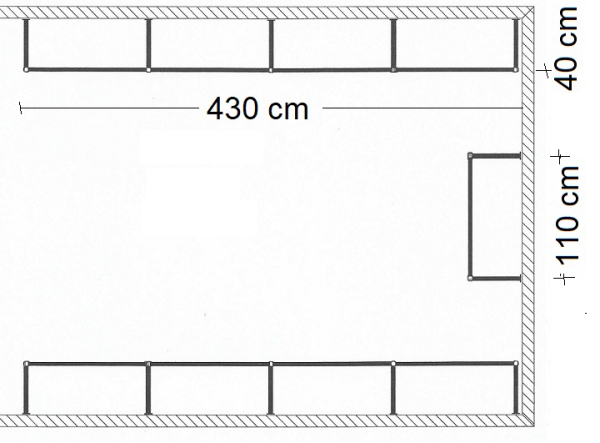 Ankleidezimmer Wandregalsystem Garderobensystem Ladeneinrichtung Grundriss Aufbau 430 cm und 110 cm Breit und 40 cm tief Etagen individuell einzustellen Wandbefestigung und Gummifüsse Stahlrohre verchromt Art Nr AnZi.4+4+1