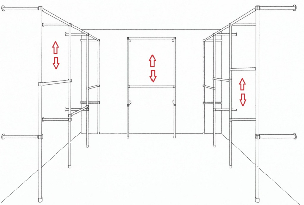 Ankleidezimmer Wandregalsystem Kleiderkammer begehbarer Schrank 2 mal 200x320 cm und 1 mal 200x110 cm 40 cm tief Etagen stufenlos verstellbar Wandbefestigung und Gummifüsse Stahlrohre verchromt Art Nr AnZi.3+3+1