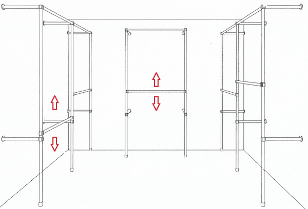 Ankleidezimmer Wandregalsystem Kleiderkammer begehbarer Schrank 2 mal 200x210 cm und 1 mal 200x110 cm 40 cm tief Etagen stufenlos verstellbar Wandbefestigung und Gummifüsse Stahlrohre verchromt Art Nr AnZi.2+2+1