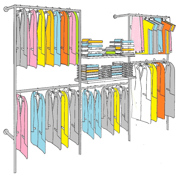 Wandregalsystem Garderobensystem Kleiderkammer Kleiderstangen mit Bordetagehalter 200x330 cm breit und 40 cm tief Etagen individuell einzustellen Wandbefestigung und Gummifüsse Stahlrohre verchromt Art Nr W15