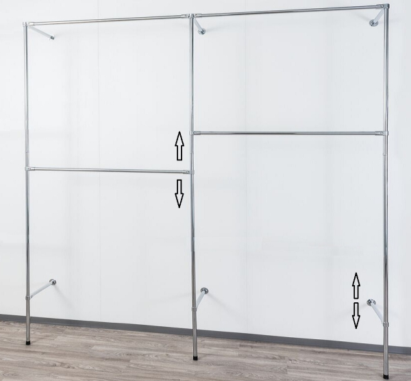 Wandregalsystem Garderobensystem Kleiderkammer Kleiderstangen 250x210 cm breit und 40 cm tief Ebenen individuell zu verschieben Wandbefestigung und Gummifüsse Stahlrohre verchromt Art Nr W03