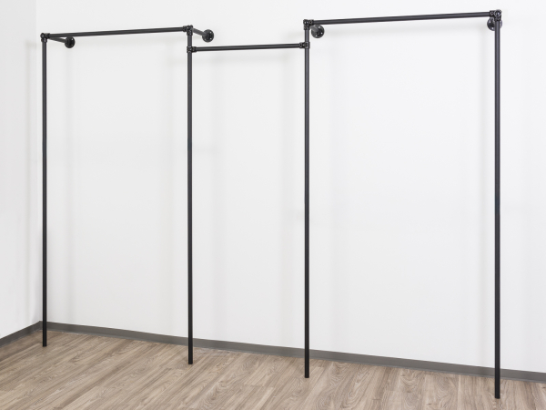 Wandregalsystem Schwarz Brautkleiderständer Garderobensystem 205 cm hoch und 320 cm breit 50 cm tief Wandbefestigung Verbinder und 27 mm Stahlrohre pulverbeschichtet Art Nr W14BK