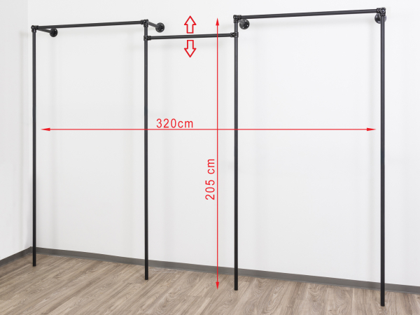 Wandregalsystem Schwarz Garderobensystem 205x320 cm breit und 50 cm tief Zubehör Endkappen Wandanschluss mit Eckverbindung Wandbefestigung Rundrohre pulverbeschichtet Art Nr W14BK