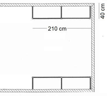 Ankleidezimmer Wandregalsystem Garderobensystem Ladeneinrichtung Grundriss Aufbau 210 cm Breit und 40 cm tief Etagen individuell einzustellen Wandbefestigung und Gummifüsse Stahlrohre verchromt Art Nr AnZi.2+2.0