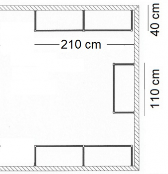 Ankleidezimmer Wandregalsystem Garderobensystem Ladeneinrichtung Grundriss Aufbau 210 cm und 110 cm Breit und 40 cm tief Etagen individuell einzustellen Wandbefestigung und Gummifüsse Stahlrohre verchromt Art Nr AnZi.2+2+1