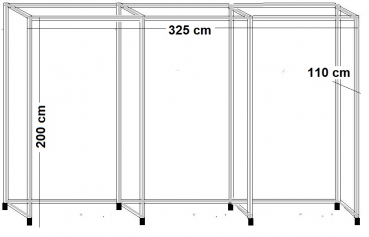 Umkleidekabine 3er Ankleidekabine frei stehend Breite 325x105 cm und 200 cm hoch auf Gummifüsse Stahlrohre verchromt Art Nr UFrei3