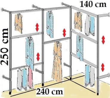 Wandregalsystem Garderobensystem 250 cm hoch und 240x140 cm breit Höhen individuell zu verschieben Wandbefestigung und Gummifüsse Stahlrohre verchromt Art Nr W04Eck