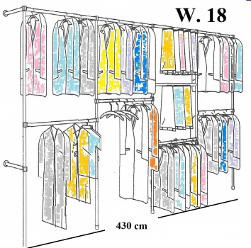Wandregalsystem Garderobensystem Kleiderkammer Kleiderstangen 200x430 cm breit und 40 cm tief Etagen individuell einzustellen Wandbefestigung und Gummifüsse Stahlrohre verchromt Art Nr W18