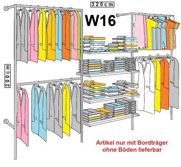 Wandregalsystem Garderobensystem Kleiderkammer Kleiderstangen mit Bordetagehalter 200x320 cm breit und 40 cm tief Etagen individuell einzustellen Wandbefestigung und Gummifüsse Stahlrohre verchromt Art Nr W16