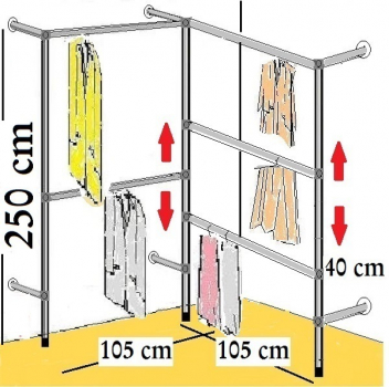 Wandregalsystem Garderobensystem Kleiderkammer Kleiderstangen 250 cm hoch und 40 cm tief Ecklösung zu verschieben Wandbefestigung und Gummifüsse Stahlrohre verchromt Art Nr W02Eck