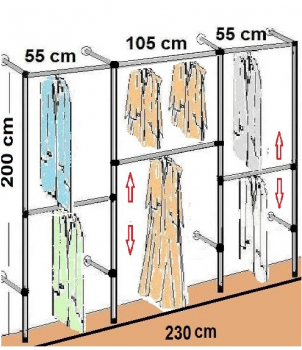 Wandregalsystem Garderobensystem begehbarer Kleiderschrank 200 cm hoch und 230 cm breit Höhen variabel anzuschrauben Wandbefestigung und Gummifüsse Stahlrohre verchromt Art Nr W14