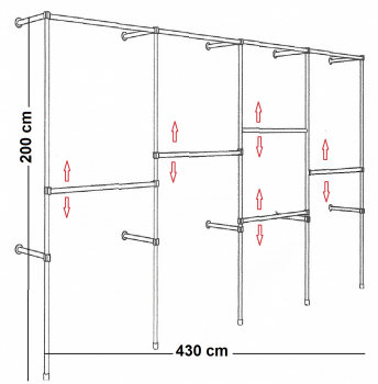 Wandregalsystem Garderobensystem begehbarer Kleiderschrank 200 cm hoch und 430 cm breit Höhen variabel zu platzieren Wandbefestigung und Gummifüsse Stahlrohre verchromt Art Nr W18