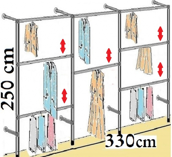 Wandregalsystem Garderobensystem 250 cm hoch und 330 cm breit Höhen individuell zu verschieben Wandbefestigung und Gummifüsse Stahlrohre verchromt Art Nr W04