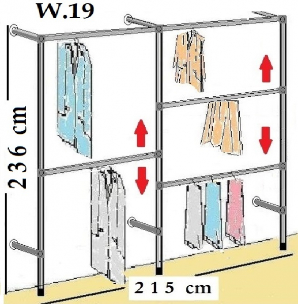 Wandregalsystem Garderobensystem Kleiderkammer Kleiderstange 236x215 cm breit und 40 cm tief Etagen individuell einzustellen Wandbefestigung und Gummifüsse Stahlrohre verchromt Art Nr W19