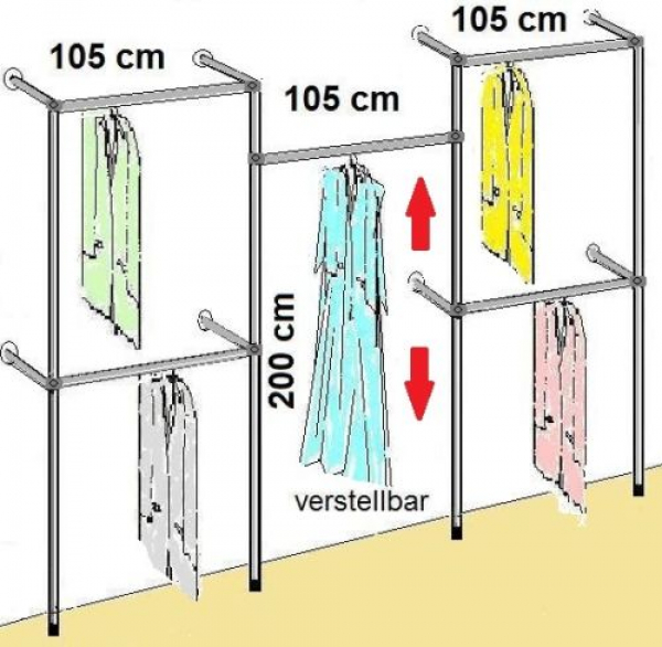 Wandregalsystem Garderobensystem begehbarer Kleiderschrank 200 cm hoch und 3 mal 105 cm breit Höhen variabel zu platzieren Wandbefestigung und Gummifüsse Stahlrohre verchromt Art Nr W13